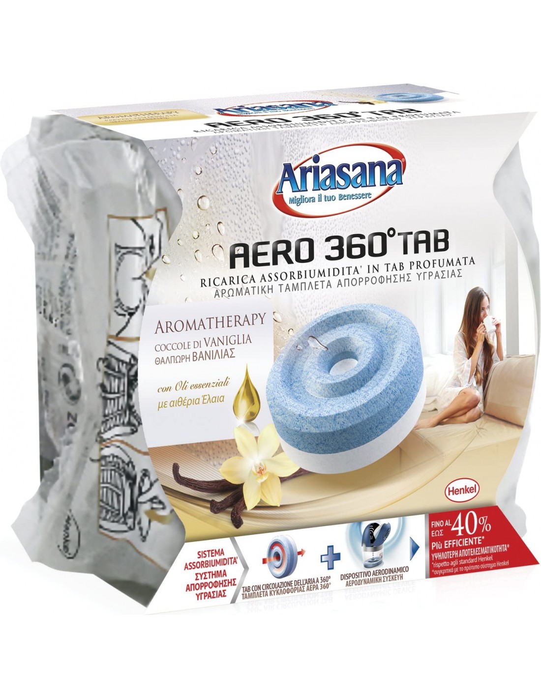 Ariasana Aero 360° kit assorbiumidità, deumidificatore ricaricabile non  elettrico, assorbi umidità contro condensa e muffa, 1 dispositivo e 1 ricarica  Tab lavanda da 450g